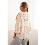 Kesi Włoski Women's summer openwork sweater with short sleeves and floral pattern beige | shoptok.hr