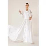 By Saygı Double Breasted Neck Stone Detailed Lined Chiffon Long Dress with Sleeves and Skirt