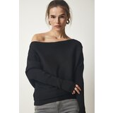  Women's Black Asymmetrical Collar Corduroy Sweater Cene