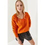 Olalook Women's Orange V-Neck Soft Textured Knitwear Sweater Cene