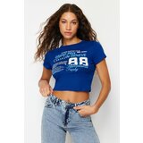 Trendyol Saks 100 Cotton Slogan Printed Fitted Crop Knitted T-Shirt Cene