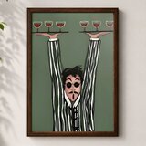 Wallxpert uramljena MDF slika 3752KACT-061, konobar sa čašama vina na poslužavnicima na zelenoj pozadini, 37 x 52 cm u