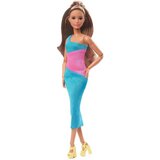 Barbie Mattel Signature Looks: Krajša punčka z rjavimi lasmi in roza-turkizno obleko Model #15 (HJW82), (21382039) | Shoptok.si