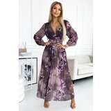 Numoco 520-1 Pleated chiffon long dress with a neckline, long sleeves and a wide belt - PURPLE LARGE FLOWERS