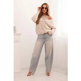 Kesi Włoski Women's openwork sweater with a V-neck and gold buttons beige | Shoptok.si
