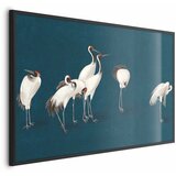  Plakat - Evening at the Pond - group of cranes drawn in dry pastel on a dark turquoise background 60x40 Crni okvir | shoptok.hr
