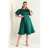 Lafaba Women's Emerald Green Balloon Sleeve Stone Belted Plus Size Satin Evening Dress Cene