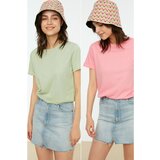 Trendyol Pink-Mint 100% Cotton Single Jersey Crew Neck 2-Pack Knitted T-Shirt Cene