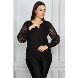 Şans Women's Plus Size Black Sleeve Flocked Tulle Blouse Cene