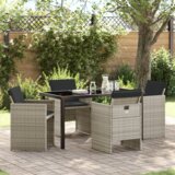 vidaXL 5-delni vrtni jedilni set s blazinami svetlo siva poli ratan, vrtna miza črna 140x80x73 cm kaljeno steklo | Shoptok.si
