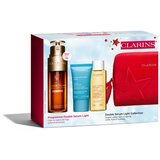 Clarins Double Serum Light Collection set: serum za obraz Double Serum Light Texture 50 ml + krema za obraz Hydra-Essentiel Silky Cream 15 ml + tonik za obraz Hydrating Toning Lotion 50 ml + rdeča kozmetična torbica za ženske | Shoptok.si