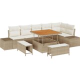 vidaXL 9-delni set vrtne sofe z blazinami Bež Poli Ratan Acacia, 2-sedežna vrtna sofa z blazinami Bež Poli Ratan, 3-delni set vrtne jedilne mize z blazinami Bež Poli Ratan Acacia | Shoptok.si