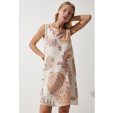  Women's Cream Peach Patterned Linen Viscose Mini Dress | Shoptok.si
