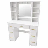 31854 velik toaletni stol s LED ogledalom, policami in predali 140 × 100 × 40 cm – bela