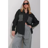 Trend Alaçatı Stili Women's Black Double Pocket Troc Embroidered Terrycotton Oversize Shirt