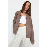 Trendyol Mink Bomber Jacket Look Wide Fit Boucle Knitwear Cardigan