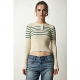 Happiness İstanbul Women's Cream Green Buttoned Collar Ribbed Crop Knitwear Blouse Cene