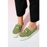 LuviShoes MARRAKESH Green Denim Buckled Women's Loafer Shoes