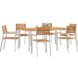 vidaXL 7-delni jedilni set iz trdnega akacijevega lesa, zunanja jedilna miza 180x90x75 cm iz trdnega akacijevega lesa, zložljivi vrtnarski stoli 2 kosi iz trdnega akacijevega lesa in jekla, zložljivi vrtnarski stoli 4 kosi iz trdnega akacijevega lesa in jekla | Shoptok.si