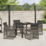 vidaXL 5 kom. blagovaonski set za vrt s jastučićima siva poli ratan, blagovaonski stol crn 80x80x73 cm staklo otporno na udarce | shoptok.hr