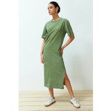 Trendyol Khaki 100% Cotton Antique Effect Slit Shift/Comfortable Fit Knitted Midi Dress Cene