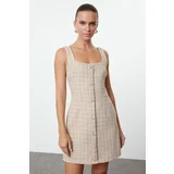 Trendyol Beige Stone Accessory Glittery Tweed Woven Short Dress