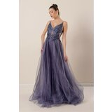 By Saygı Lined Long Tulle Dress with Guipure Beads and Beads with Thread Straps Indigo. Cene