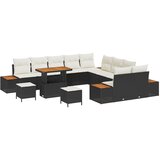 vidaXL 13-delni vrtni kavč s blazinami črnega poli ratana akacije, 3-delni vrtni jedilni set s blazinami črnega poli ratana akacije | Shoptok.si