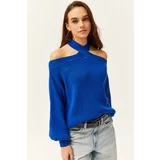 Olalook Women's Saks Blue Cross Collar Knitwear Sweater