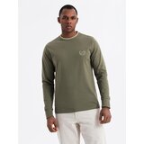 Ombre Men's cotton longsleeve with U neckline with stripes and embroidery - olive Cene
