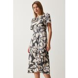  Women's Smoky Cream Patterned Satin Surface Slit Summer Dress | Shoptok.si