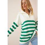  Women's Green White Zipper Stand Up Collar Striped Oversize Knitwear Sweater Cene