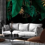  Foto tapeta - Jungle and composition - motif of green and golden leaves on a black background 450x315 | shoptok.hr