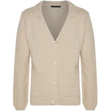 Trendyol Beige Men's Slim Fit Jacket Collar Jacquard Pocket Knitwear Cardigan