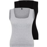 Trendyol Curve Black-Grey Basic Ribbed Knit 2-Pack Square Neck Undershirt Cene