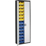mauser Skladiščna omara z odprtimi skladiščnimi posodami, VxŠxG 2150 x 680 x 280 mm, dve barvi, korpus črn, vrata siva, 52 posod | Shoptok.si