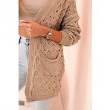 Kesi Włoski Women's openwork cardigan with pockets dark beige | Shoptok.si