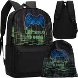 školski ruksak s gaming motivom i torbom za tjelesni, crni, 22 l, 44 cm