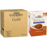 pakiranje Gourmet Gold 96 x 85 g - Gold 96 x 85 g Rafinirani ragu: govedina, piletina, tuna, losos + Soup Royale Riblji izbor 48 x 45 g