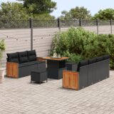 vidaXL 10-delni vrtni kavč set z blazinami črn poli ratan akacija | Shoptok.si