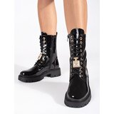 SEASTAR Black patent leather ankle boots lace-up workers on a platform with pins | Shoptok.si