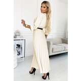 numoco basic 462-4 SERENA Pleated maxi dress with neckline, belt and 3/4 sleeves - ecru | Shoptok.si