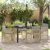 vidaXL 5-delna vrtna jedilna garnitura z blazinami v bež poli rattan, vrtna miza v črni barvi 140x80x73 cm s kaljenim steklom | Shoptok.si