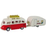  Crveni retro autobus s kamp prikolicom i prometnim znakovima | shoptok.hr