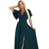 Numoco 581-8 JENNIFER long dress with a leg slit, sleeves and a neckline - bottle green | ePonuda.com