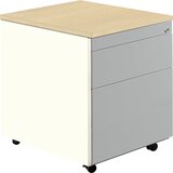 mauser Predalnik s kolesi, V x G 579 x 600 mm, 1 predal za material, 1 predal za obešalne mape, čista bela / aluminijasto siva / javor | Shoptok.si