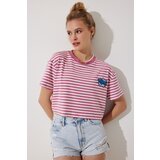  Women's Pink Embroidery Detailed Striped 100% Cotton Crop Knitted T-Shirt Cene