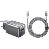 Remax SET:Strujni punjac 45W USB+TIP C+ kabl TIP C na TIP C CA-25, sivi Cene