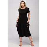 Şans Women's Plus Size Black Writing Pocket Viscose Fabric Dress