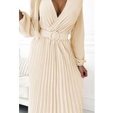 numoco basic 504-7 VIVIANA Pleated midi dress with scoop neckline, long sleeves and wide belt - light beige | Shoptok.si